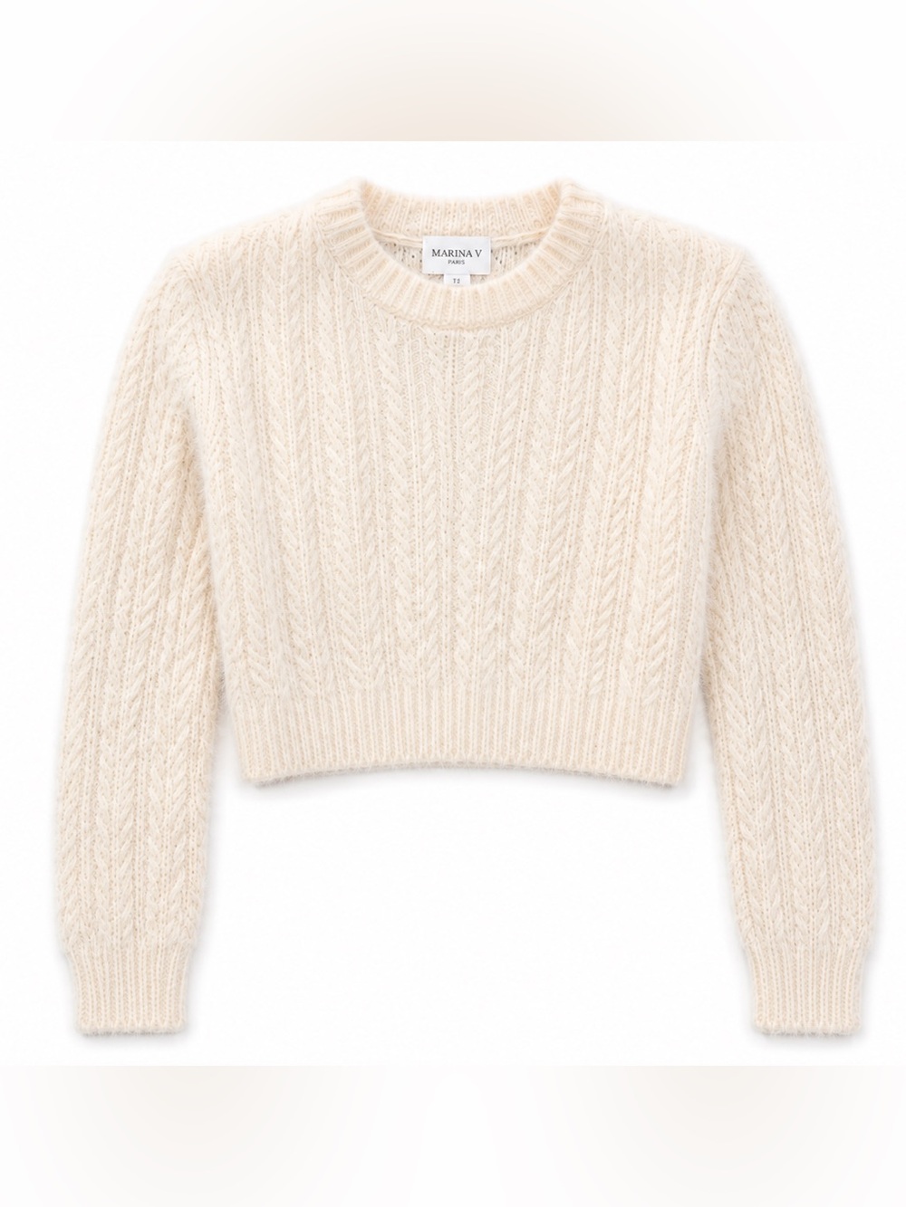 Marina V Paris Fuzzy Knit Cropped Sweater Cream Textured Pullover